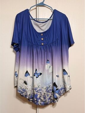 Women's Blue Gradient Butterfly Print Short Sleeve Top Size 3XL